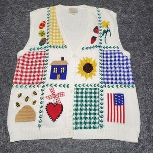 Susan Bristol Vtg Cardigan Sweater Vest Country Gingham Summer Patriotic Large